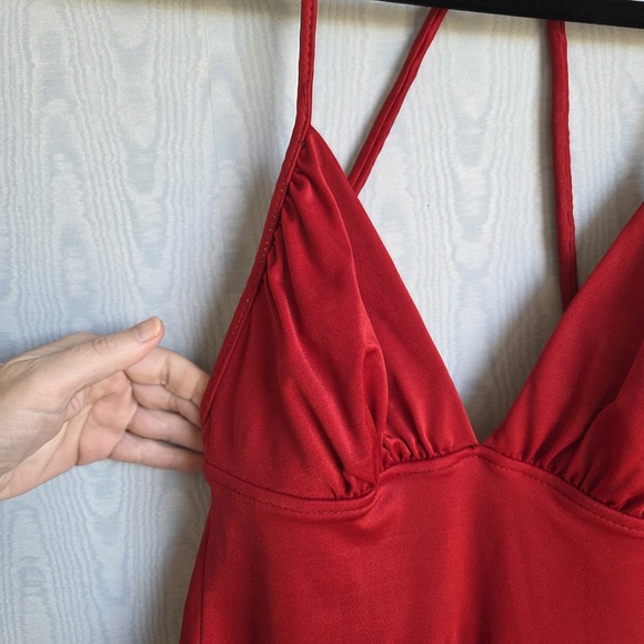 Vtg 80s 90s Malibu M/L Swimsuit One Piece Red Open Back Halter Racerback Retro - Picture 3 of 12